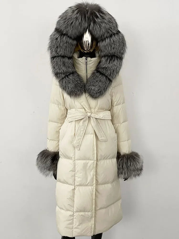 OFTBUY 2024 Long Winter Jacket Women Natural Real Raccoon Fox Fur Collar Hooded White Duck Down Coat Thick Warm Casual Outerwear