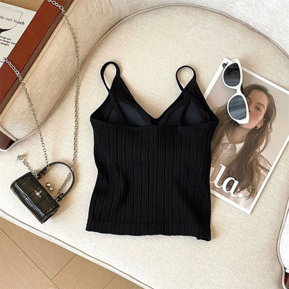 Fashion V Neck Sleeveless Summer Knit Tank Top White Women Black Casual Basic T Shirt Off Shoulder Camis Sexy Backless Crop Tops
