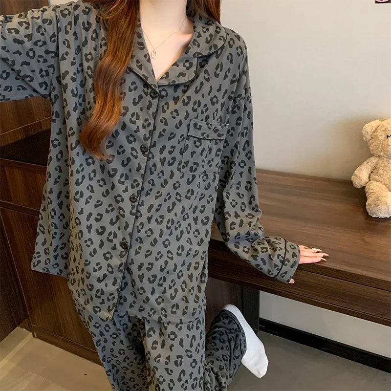 Pyjama respirant à manches longues pour femmes, vêtements de nuit pour étudiants, cardigan à rayures grises, vêtements d'intérie
