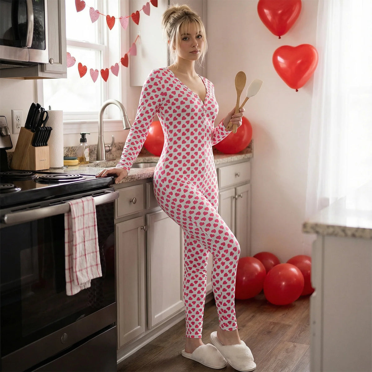 Womens Heart Printed Lounge Jumpsuits Button Up V Neck Long Sleeve Bodycon Romper Overalls for Daily Life Valentine's Day