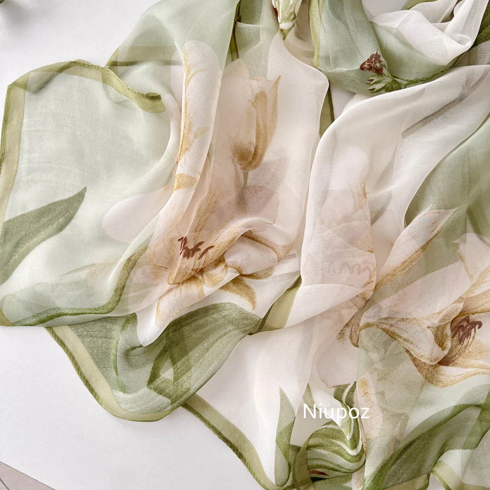 Gradient Lily Print Pretty Women Elegant Chiffon Georgette Bandana Scarf Summer Beach Sunscreen Thin Shawl