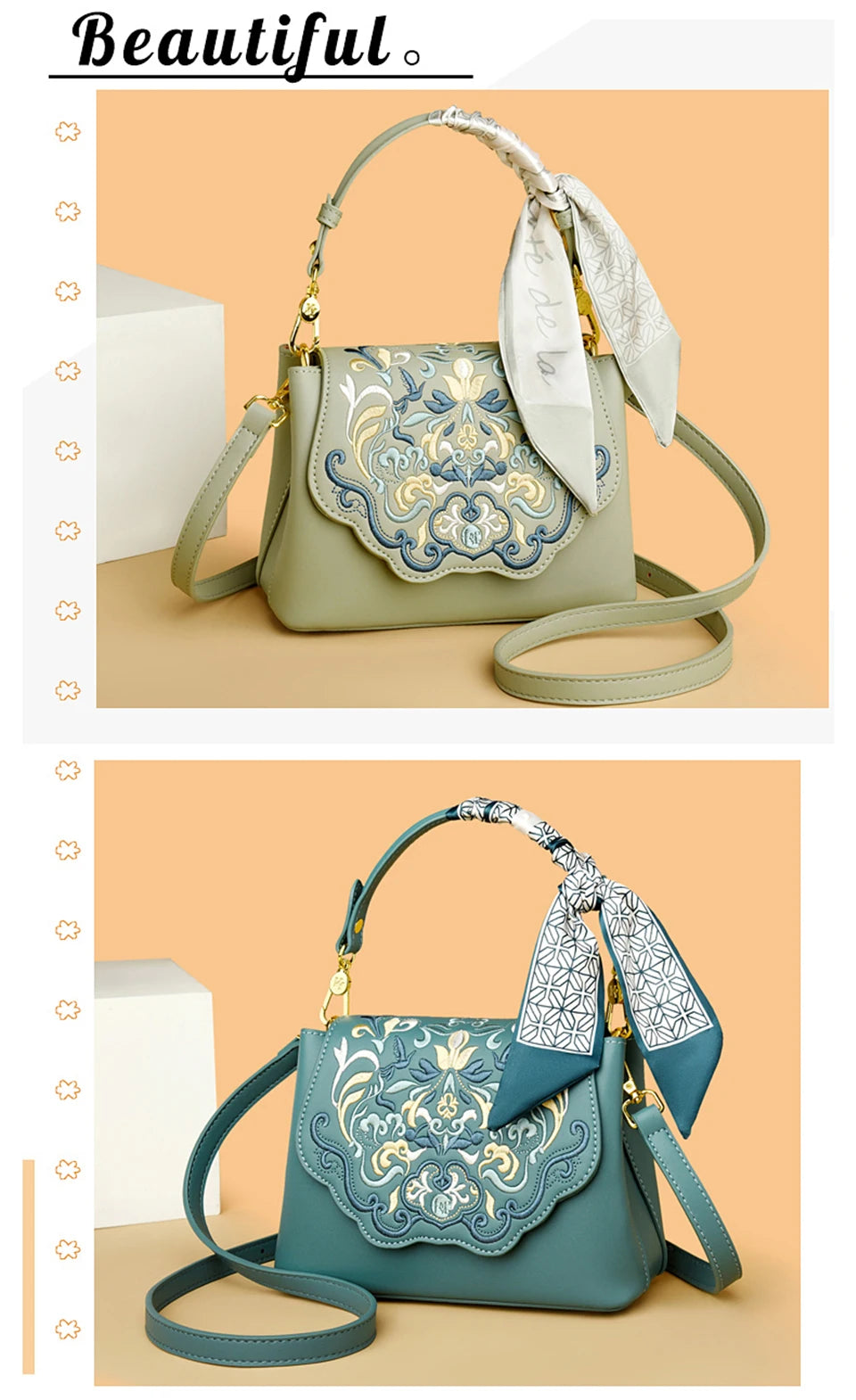 Fashion Embroidery Shoulder Bag Women Designer High Quality Leather Handbag Purse Ladies Small Crossbody Messenger Bag Female