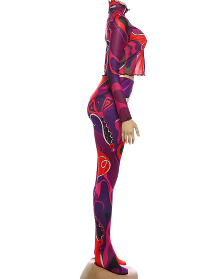 Nibber Sexy Sporty 2-Piece Set Women Tracksuit Sporty Fall Crop Tops+Leggings Matching Tight Stretch Colorful Print Streetwear