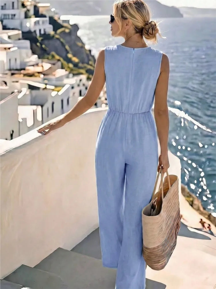 Fashion Light Blue Wide Leg Pants Jumpsuit Women's V-neck Sleeveless Cross Wrap Waist Design Rompers Summer Casual Jumpsuits