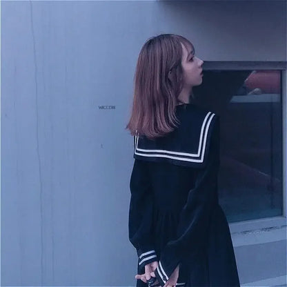 Bow splicing loose A-line fashionable knee length cute empire preparatory style Japanese full set black school uniform