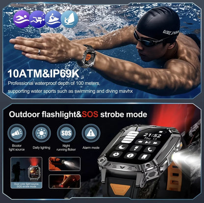 2026 New Military Grade 1400mAh Sports Smart Watch 10ATM Waterproof Flashlight Heart Rate Bluetooth Call Outdoor Smartwatch Men