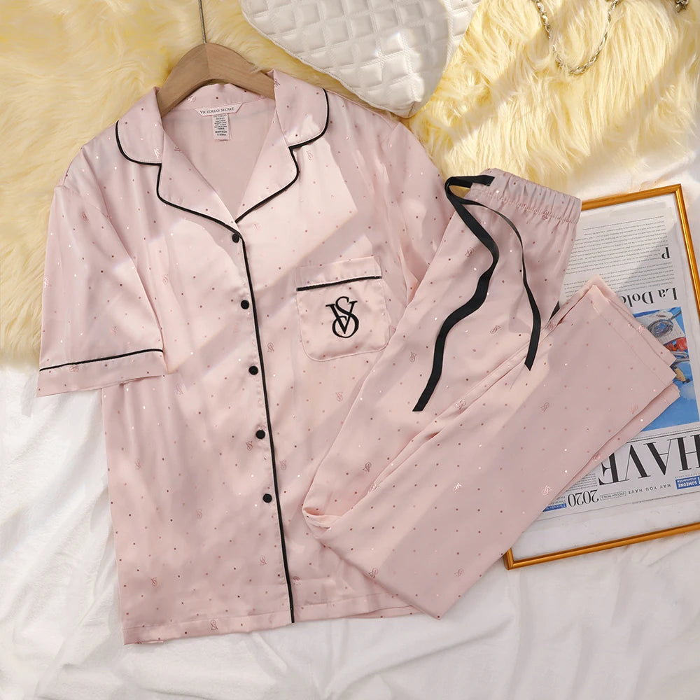 Victoria's Secret Suit Womens Silk Satin Pajamas Set Short Sleeve Shorts Sleepwear Loungewear Soft Breathable Button Down Pyjama