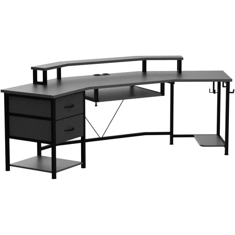 79" Gaming Desk, Computer Desk with 2 abric Ders & LED Light, L Shaped Gaming Desk with Storage Shel or Home Oice, Carbon iber B