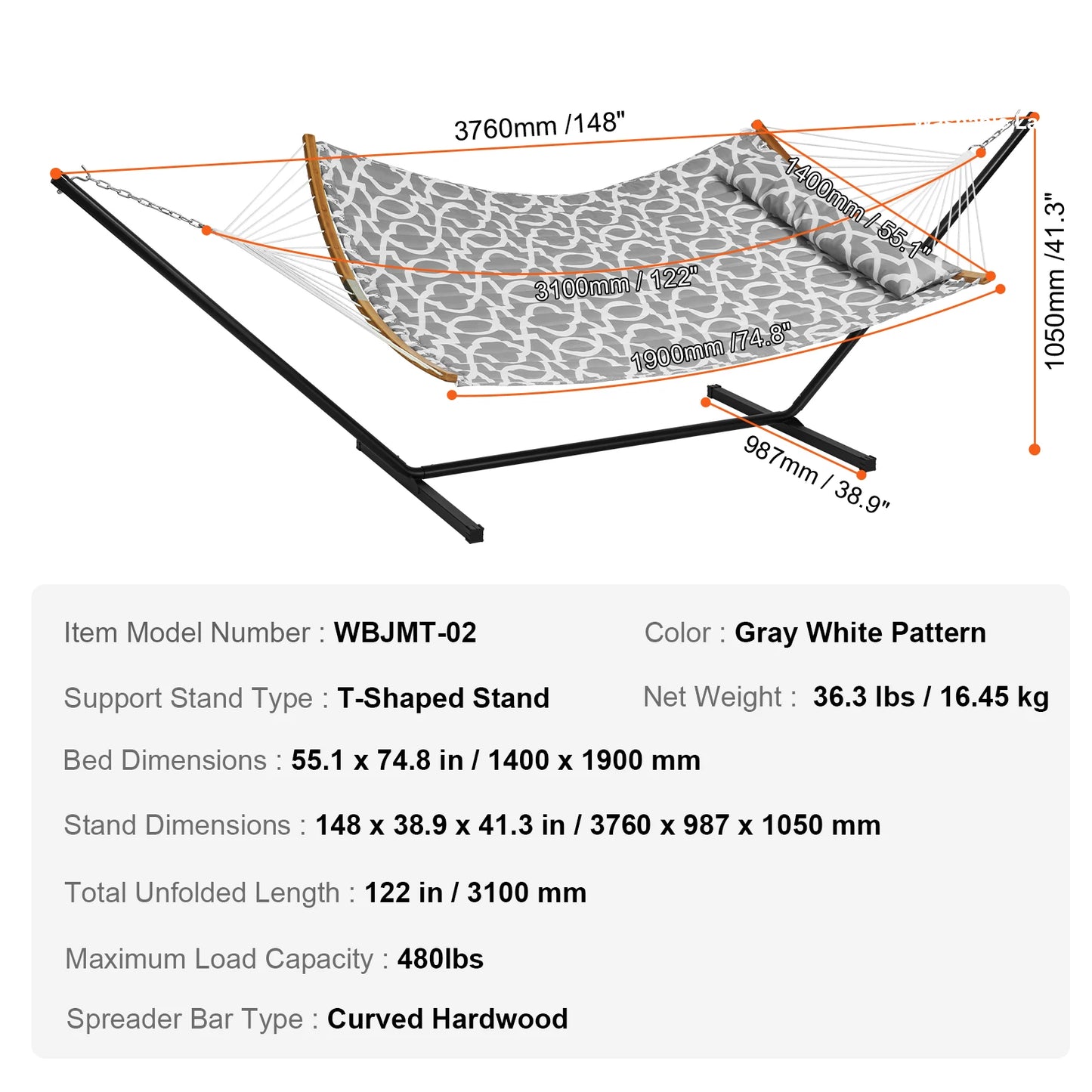 SucceBuy Two Person Hammock with Stand Included Double Hammock with Curved Spreader Bar and Detachable Pillow and Portable Bag
