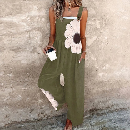 Summer Woman Jumpsuit Floral Print Romper Wide Leg Pants Overalls Black Backless Strap Jumpsuits Women's Casual Loose Fit