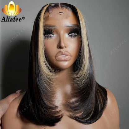 Hot Sale Highlight Natural Black Warm Brown Honey Blonde Bob Straight Shoulder Length Hair Wig 13x4 Lace Frontal Human Hair Wigs