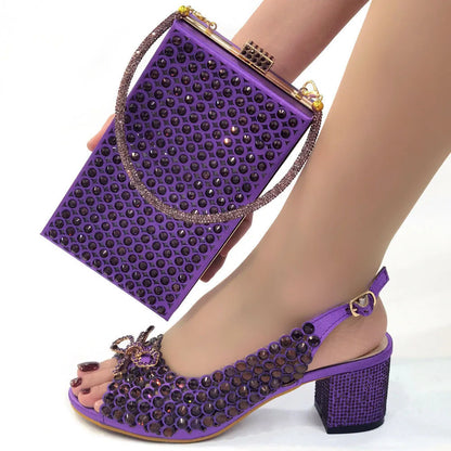 2024 New Italian Design Full Drill Elegant Wine Evening High Heels Wedding Party Shoes Matching Clutch Handbag
