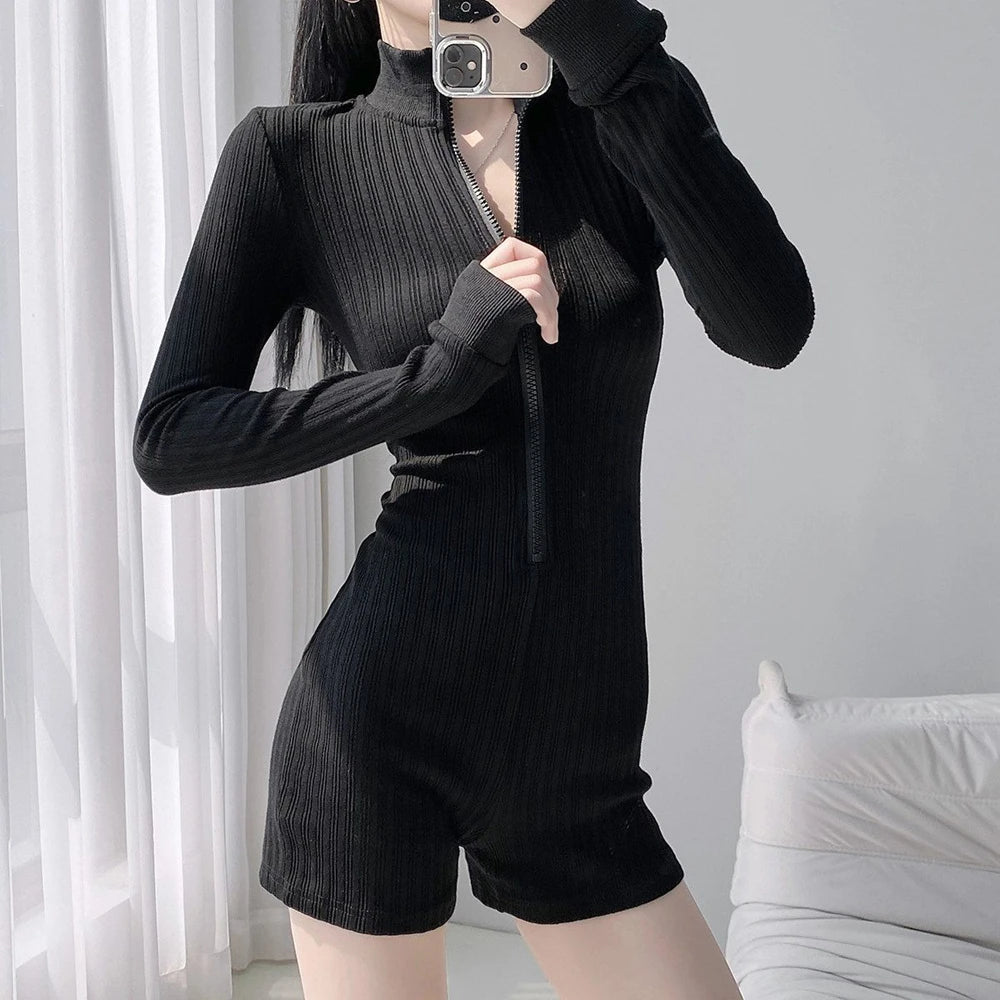Women's Jumpsuits Long Sleeve Slim Fit Stretch One Piece Yoga Shorts Playsuits Romper Sexy Fitness Big Zipper Sportwears
