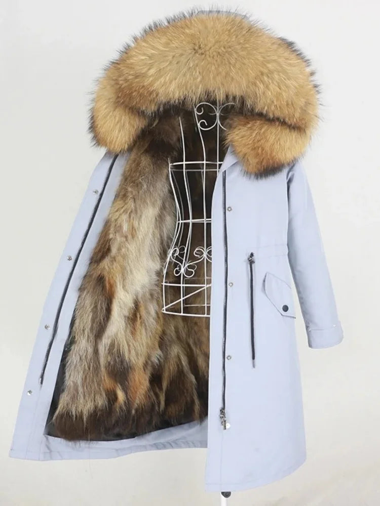 Real Fur Coat Winter Jacket Women Long Parka Waterproof Big Natural Raccoon Fur Collar Hood Thick Warm Real Fox Fur Liner coat