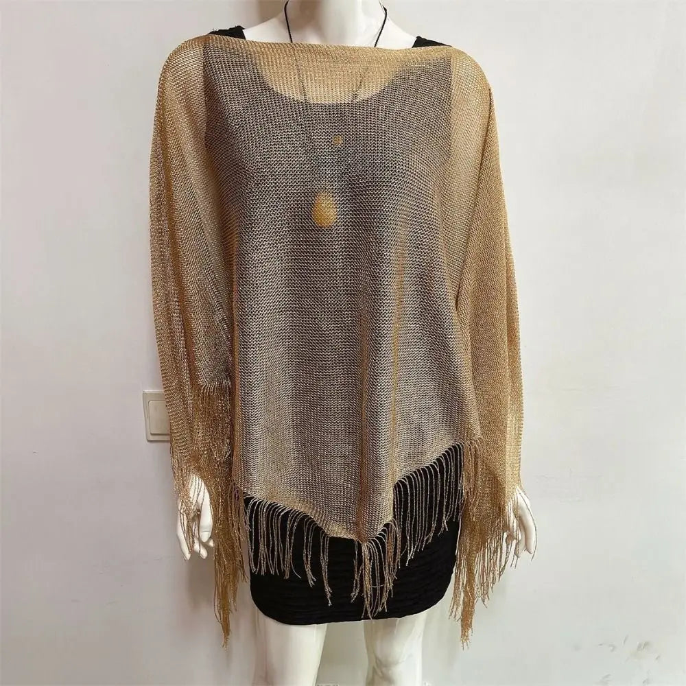 New Knit Tassel Knit Poncho Top Shimmer Asymmetrical with Tassel Beach Cover Up Casual Irregular Mesh Wrap Capelet Spring Summer