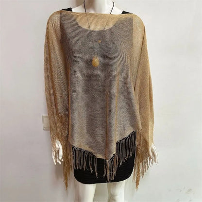New Knit Tassel Knit Poncho Top Shimmer Asymmetrical with Tassel Beach Cover Up Casual Irregular Mesh Wrap Capelet Spring Summer