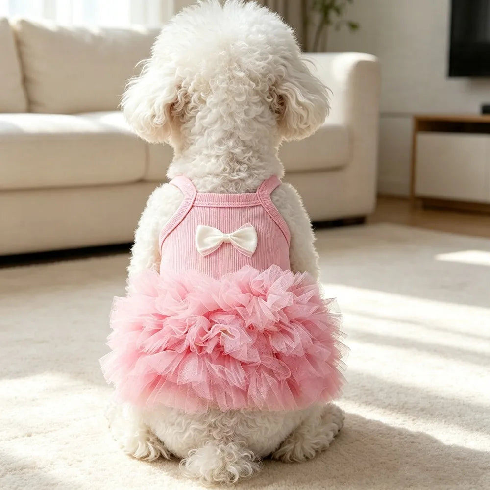 1PC Cute Pink Suspender Dog Tutu Dress With Bow, Breathable Ribbed Pet Princess Tulle Skirt,  Small Dogs & Cats