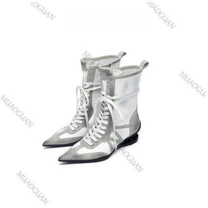 Fashion Strange Heel Women Knight Boots Pointed Toe Retro High Heel Ankle Booties Female Cross-tied Street Style Comfort Shoes
