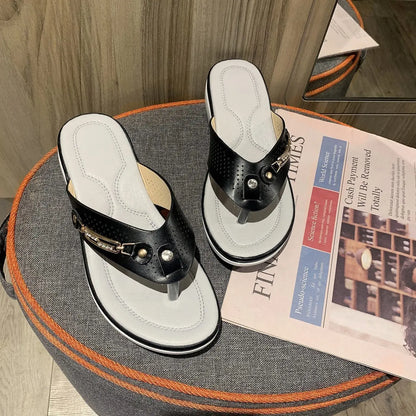 Sandals for Women Flip Flops Metal Button Slides Slipper Beach Dance Non-slip Casual Wedge Shoes Female Summer Slippers Sandals