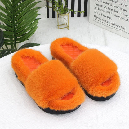 2026 Women Real Mink Fur Slippers Indoor Outdoor Luxury Shoes For Women Comfort Platform Fluffy Slipper Slides For Woman Summer