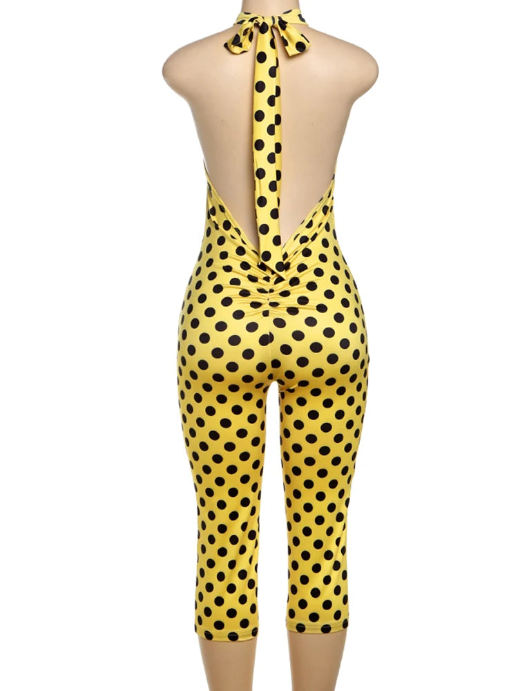 Kliou Colorful Print Playsuits Woman Bandage Halter Backless Skinny Peach Hip Female Midnight Club Party Sexy Fashion Rompers
