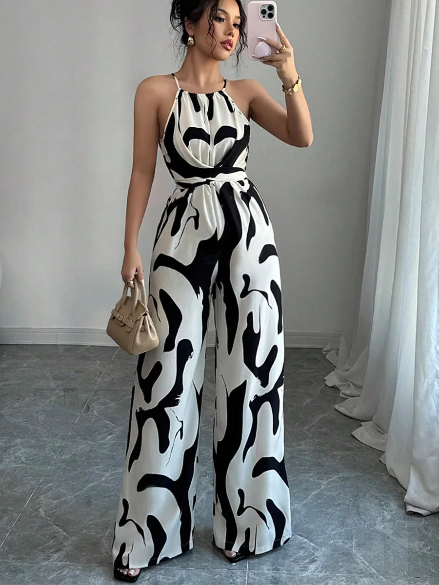 Summer Women's Sexy Halter Neck Jumpsuit Casual Pants Jump Suits For Women Geometric Print Jumpsuit Party Outfits For Women