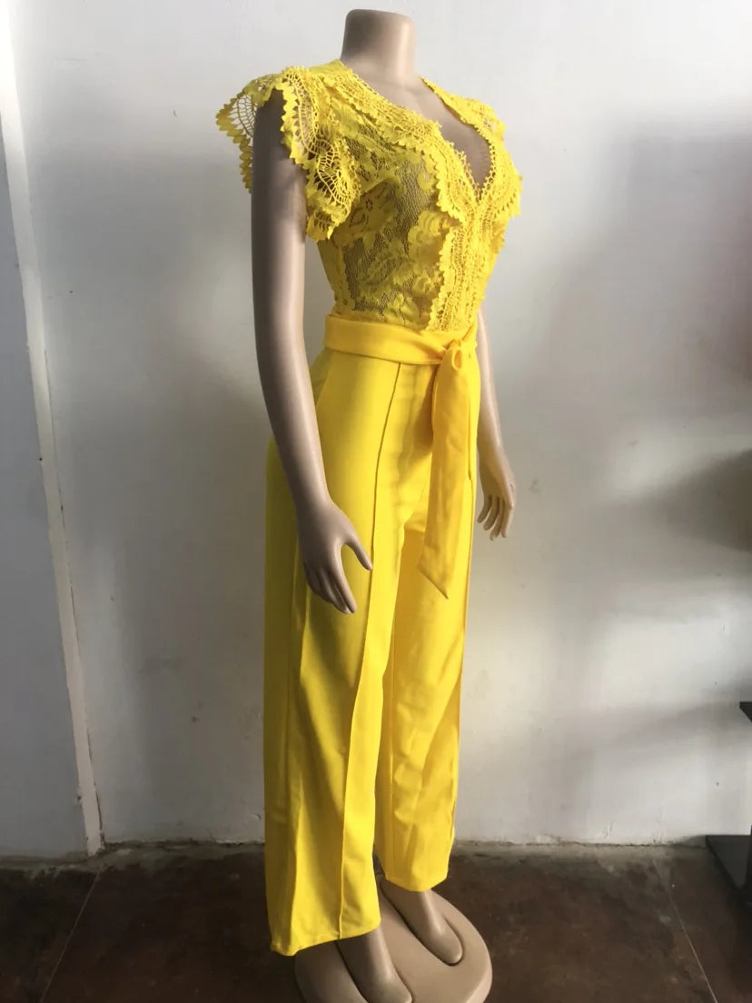 Women's Jumpsuit Elegant Lace V Neck Short Sleeve High Waisted Wide Leg Rompers Sports Fitness Party Banquet Jumpsuites Sexy Y2K