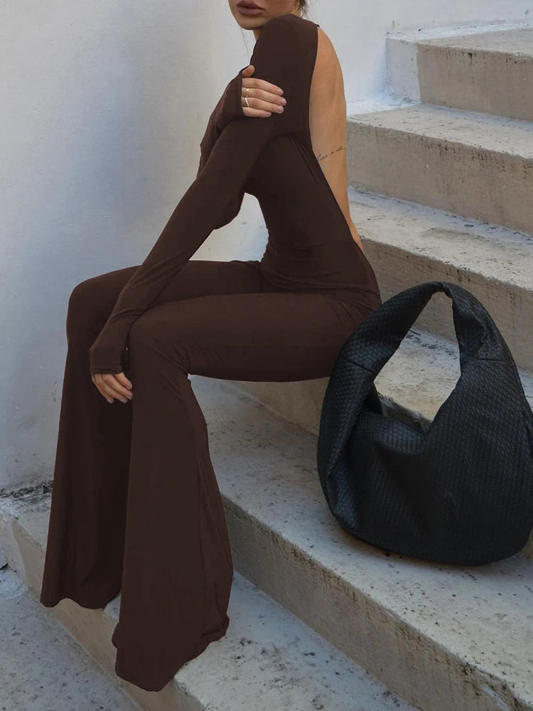 SIsterlinda Solid Sexy Backless Bodycon Wide Leg Jumpsuit Women Autumn Casual Slim Long Sleeve O-Neck Playsuit Lady Streetwear