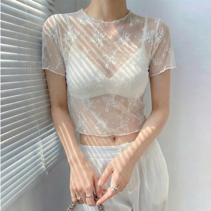 White Lace Mesh Base Shirt Women's Transparent Inner Wear Outerwear Slimming Short Style Korean Version Floral Print Top