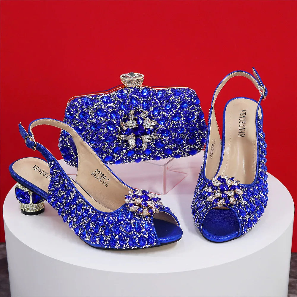 Silver Color Wedding Sandals for Women Bride Platform Round Heels Italian Full Drill Design Elegant Shoes and Bag Matching Set