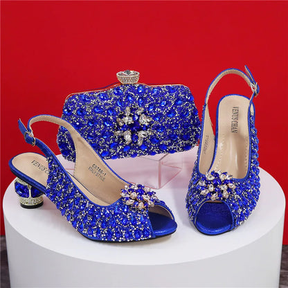 Silver Color Wedding Sandals for Women Bride Platform Round Heels Italian Full Drill Design Elegant Shoes and Bag Matching Set
