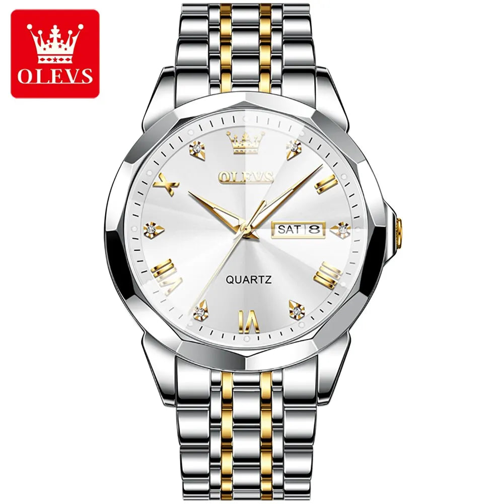 OLEVS Original Waterproof Men's Watches Diamond Mirror Quartz Watch for Man Luminous Stainless Steel Wristwatch Male Date Week
