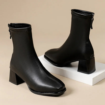 High-quality square-toe platform short boots for ladies, 2025 new fashion trend Wide heel, back zipper, large size women's boots