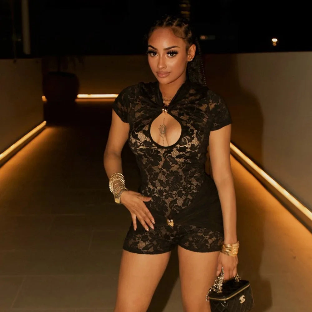 FLARORA Sexy Lace See Through Rompers Woman Hollow Metal Buckle V Neck Short Sleeve Ruched Patchwork Skinny Peach Hip Playsuits