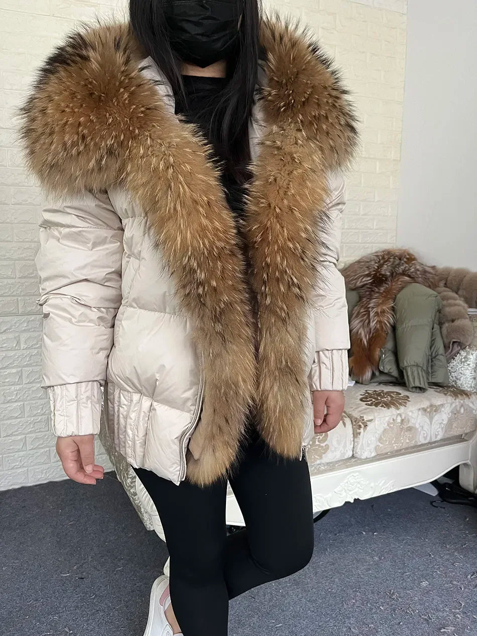 MMK 2023 Winter Women Warm White Duck Down Jacket Natural Real Fox Fur Collar Hood Puffer Coat Thick Luxury Outerwear