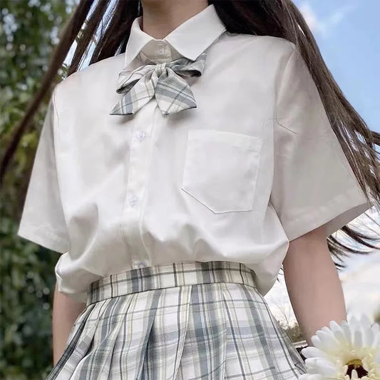 JP Women White Blouses Short Sleeve White Shirt Summer Top Lapel Solid cosplay JK Shirt Korean Casual Female Blusas Preppy Style