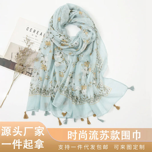 2025 Japanese Boho Linen Scarf: Vintage Floral Print Patchwork Shawl - Sun Protection Fringe Wrap Women