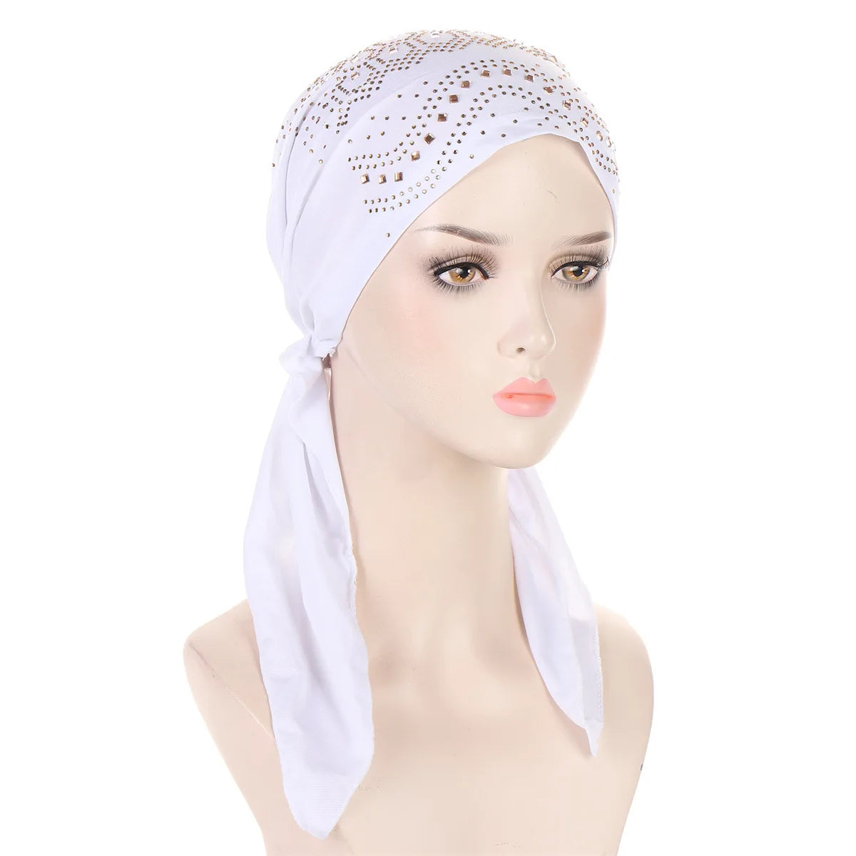 Fashion Diamond Women's Hijab Solid Color Muslim Ladies Turban Bonnet Soft Elastic Long Tail Head Wrap Head Scarf Indian Hats