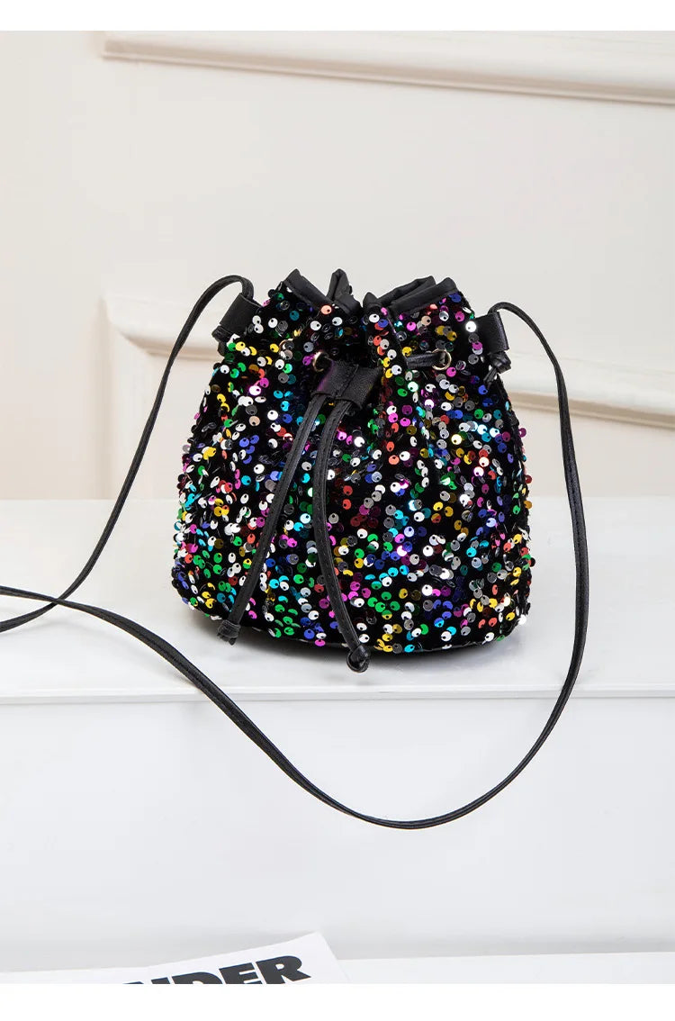 New Chic Multicolor Sequin Shing Shoulder Bag Fashion Versatile Handbag Drawstring Bucket Bag Large Capacity Wallet Purse Bags
