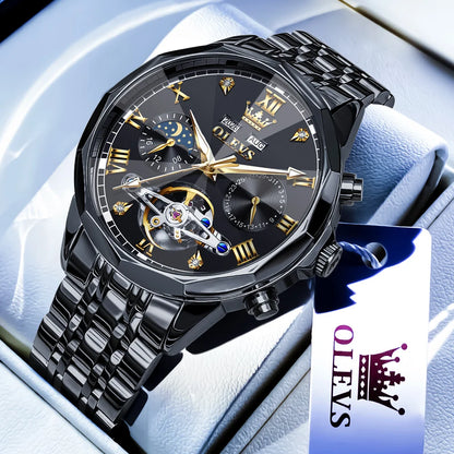  OLEVS Automatic Mechanical Watch for Men Tourbillon Moon Phase Diamond Dial Stainless Steel Strap Waterproof Men Wristwatch