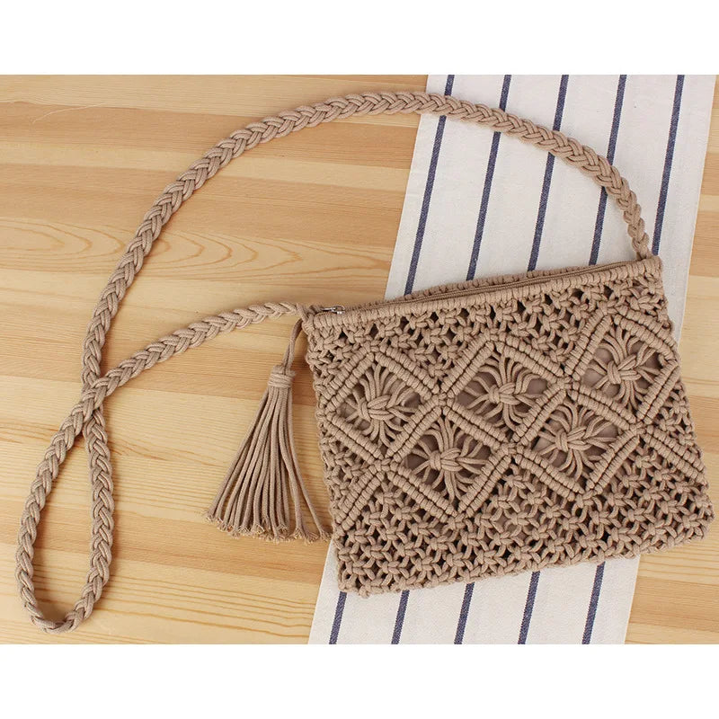 Handmade Bohemian Woven Rope Crossbody Bag with Tassel Detail, Summer Beach Clutch Shoulder Bags for Women, Geometric Design