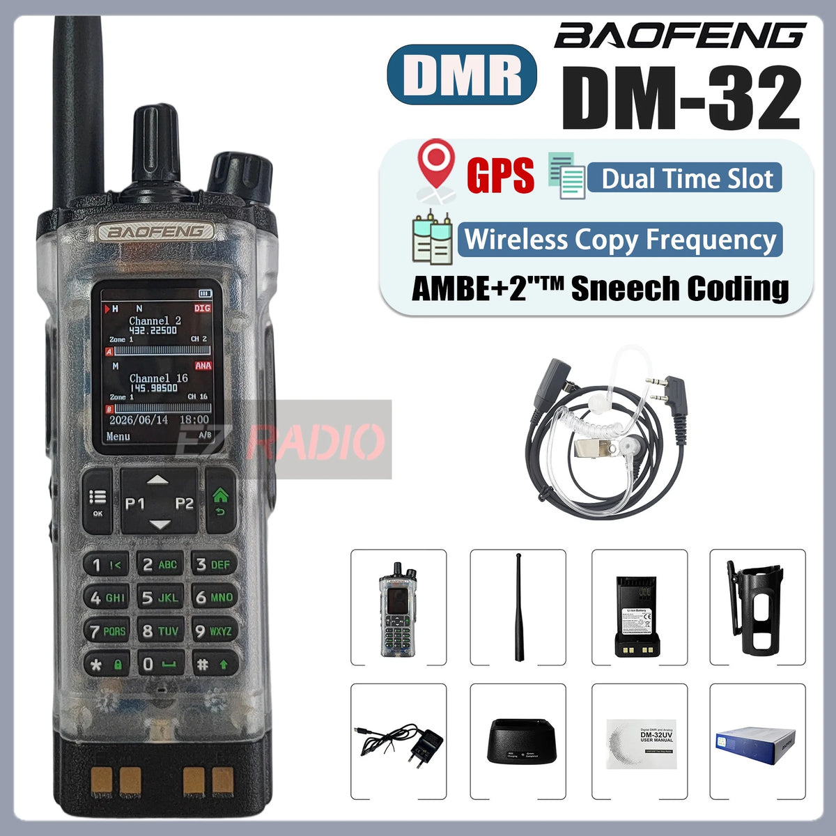 Transparent Baofeng Radio DM 32UV DMR Digital Wireless Walkie Talkie With AES256 Encryption For Long Range Secure Contact skiing