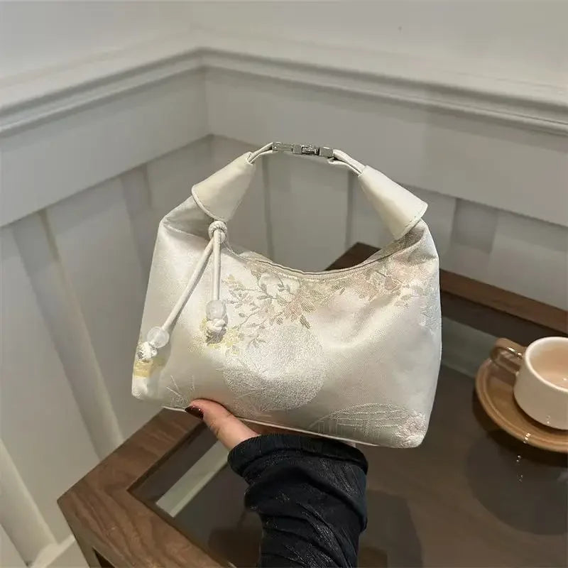 Fashion Luxury Women Embroidery Shoulder Bag Nylon Pearl Pendant Bucket Bag Versatile Handbag Retro Women Crossbody Bags сумка