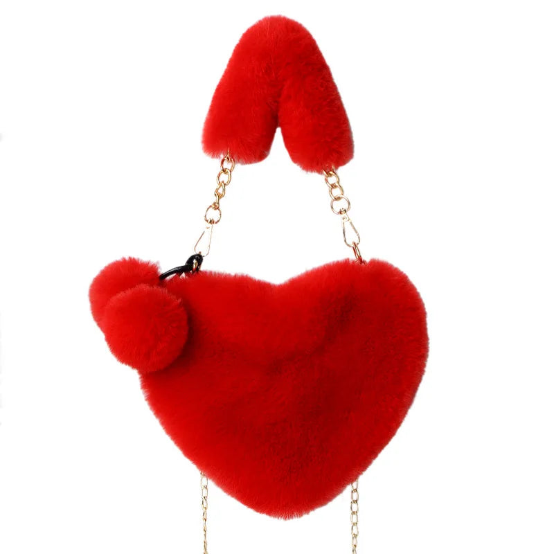 Large Capacity Fur Handbag Heart Shape Ladies Shoulder Bag Fashionable Cute Soft Zipper Closure Interior Phone Pocket
