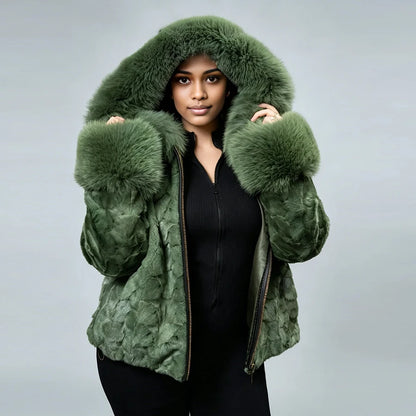 Woman's Section Mink Fur Jacket With Fox Collar Cuffs Hooede Fur Jacket Real Fur Zippered Jacket High Quality Natural Fur Coat