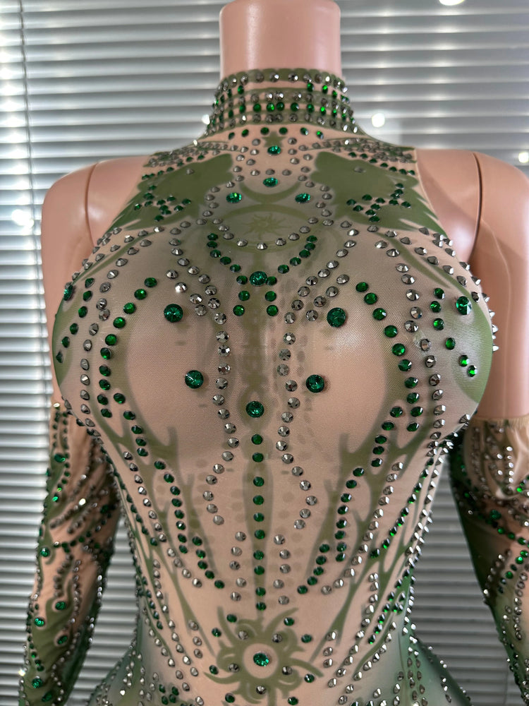 Chic Sheer Mesh Full Body Jumpsuit Women Sexy Rhinestone Embellished High Neck Slim-fit Outfit Nightclub Evening Party Costume