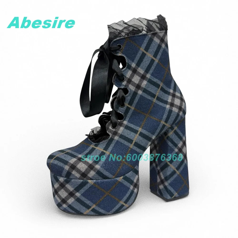 Blue Black Plaid Ankle Boots Platform Lace-Up Hollow Out chunky heels women's boots Sweet Cool Gothic Y2K Daily Wear Shoes