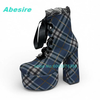 Blue Black Plaid Ankle Boots Platform Lace-Up Hollow Out chunky heels women's boots Sweet Cool Gothic Y2K Daily Wear Shoes