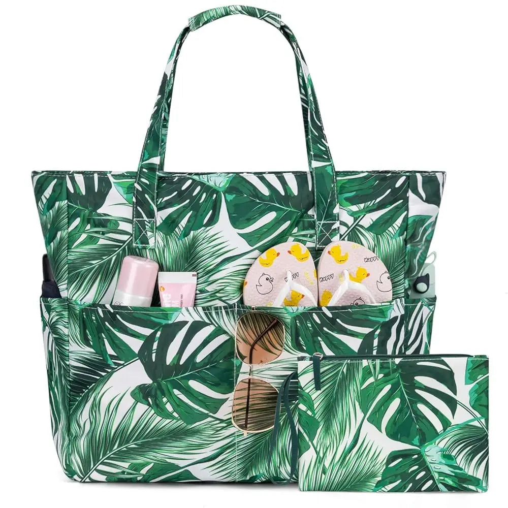 Kabaqoo Women's Large Capacity Beach Tote Bag Oxford Cloth Waterproof Striped Travel Bags Multi-pocket Foldable Top-Handle Bags