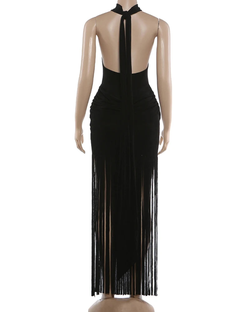 Weird Puss Halter Turtleneck Dress Women Velvet Ruched Patchwork Tassel Hem Elegant Sexy Backless Valentine's Day Party Bodycon